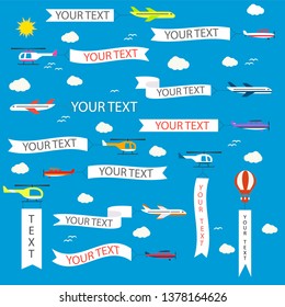 Airplane pulling advertising banner. Flying helicopter and biplane with ad ribbons, vector illustration.  