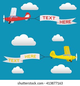 Airplane pulling banner with text, aerial advertising vector illustration