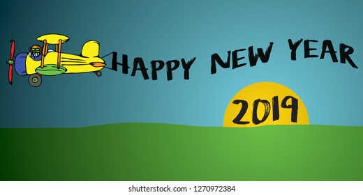 An airplane pulling a Happy New Year banner over a rising 2019 sun. Vector illustration.