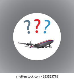 Airplane with question marks, illustration