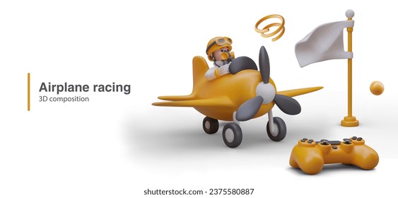 Airplane racing concept. Cartoon character in plane in yellow colors ready to flight. Game console. Adventure and traveling. Vector illustration in 3d style