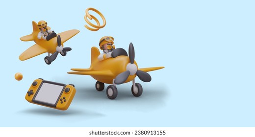 Airplane racing game in realistic 3d style. Pilots perform fly on airplane. Game console, remote control. Adventure and traveling. Vector illustration with blue background