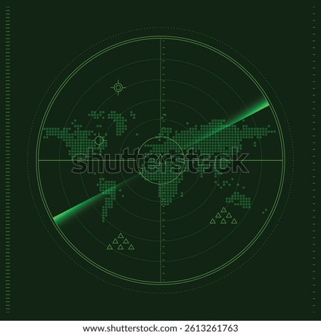 Airplane Radar green wave light. Radar scan unknown object fly in range.