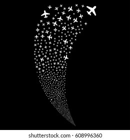 Airplane random fireworks stream. Vector illustration style is flat white iconic symbols on a black background. Object fountain combined from scattered symbols.