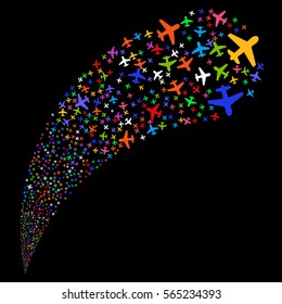 Airplane random source stream. Vector illustration style is flat bright multicolored iconic symbols on a black background. Object fountain created from pictographs.