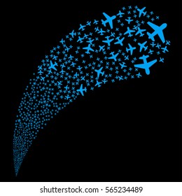 Airplane random source stream. Vector illustration style is flat blue iconic symbols on a black background. Object fountain done from icons.