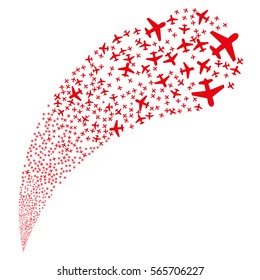 Airplane random source stream. Vector illustration style is flat red iconic symbols on a white background. Object fountain combined from pictograms.