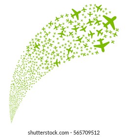Airplane random source stream. Vector illustration style is flat eco green iconic symbols on a white background. Object fountain made from design elements.