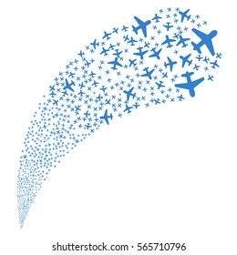 Airplane random source stream. Vector illustration style is flat cobalt iconic symbols on a white background. Object fountain combined from symbols.