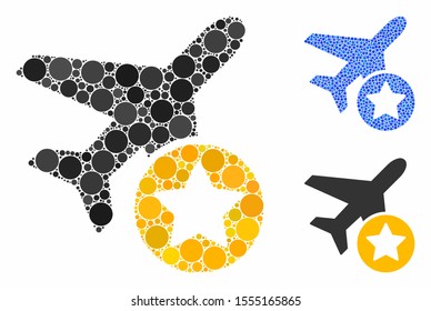 Airplane rating composition of small circles in different sizes and color tints, based on airplane rating icon. Vector small circles are combined into blue collage.