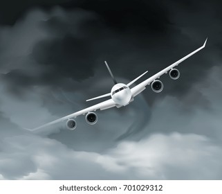 Airplane realistic composition with front view image of flying four motored aircraft and grey rainy clouds background vector illustration