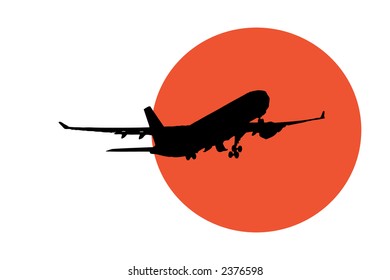 airplane rear view silhouette with sunset (vector eps format)