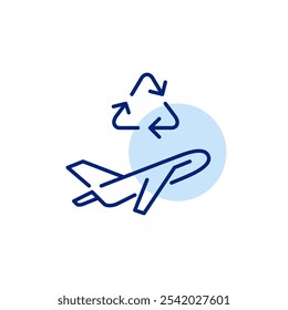 Avião e setas de reciclagem. Hábitos de viagem sustentáveis, redução do desperdício e reutilização dos recursos. Pixel perfeito, ícone de vetor de traçado editável