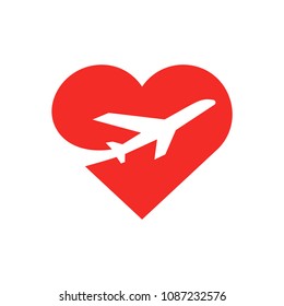 Airplane in red heart vector illustration. Bright symbol for mobile apps website business agencies. Flat style creative design. Isolated on white background