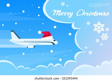 Airplane with Red Santa Christmas Hat Over Clouds and Blue Sky Banner Flat Vector Illustration