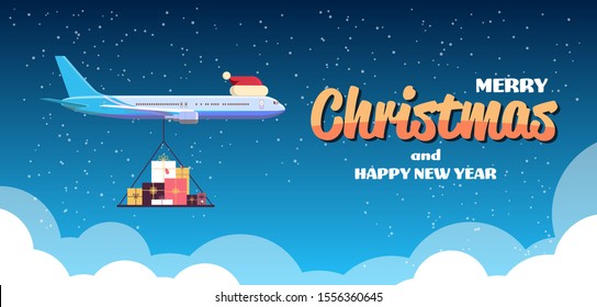 airplane with red santa hat flying with colorful gift present boxes merry christmas happy new year winter holidays celebration concept greeting card horizontal copy space vector illustration