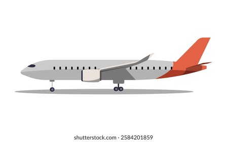 Airplane With Red Tail In Flat Vector Illustration Symbolizing Air Travel, Transportation, And Aviation, Isolated On White Background