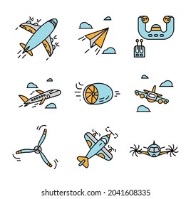 Airplane Related Icon Set. Icon Set Such As Jet Airplane, Propeller, Pilot Controller, Cardboard Airplane. Airplane Parts Related Icon Set. Colorful Linear Set.