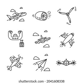 Airplane Related Icon Set. Icon Set Such As Jet Airplane, Propeller, Pilot Controller, Cardboard Airplane. Airplane Parts Related Icon Set. Set Of Normal Striped Thickness.