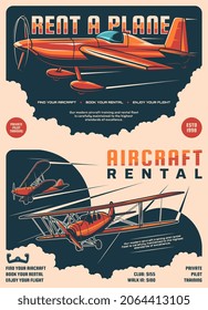 Airplane rental service retro posters, air plane travel tours and private jets, vector. Vintage propeller airplane rental, aviation adventure and aviators club training, aircraft flight booking poster