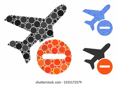 Airplane restricted mosaic of small circles in variable sizes and color hues, based on airplane restricted icon. Vector small circles are organized into blue illustration.
