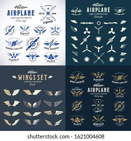 Airplane Retro Labels Construction Bundle. Plane Propellers Logos Set with Wings Symbols, Shields Icons and Decorative Elements.Vintage Style Typography and Shabby Textures. Isolated.