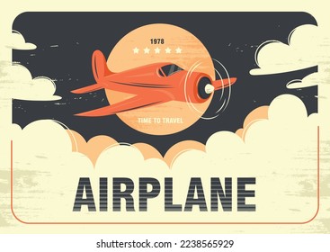 Airplane retro poster. Graphic element for website, travel and adventure. Stylish painting for home and room decoration. Flying transport on background of planet. Cartoon flat vector illustration