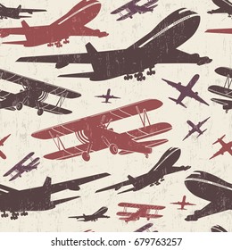 Airplane retro seamless template, old background textured for poster