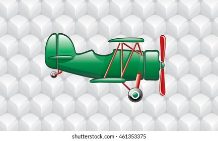 Airplane Retro Style in Front of Isometric Block Pattern Wallpaper - Green Red and Black Colored Elements on Light Grey Background - 3d Illusion Gradient Graphic