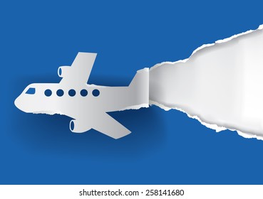 Airplane ripping paper. Vector illustration of paper airplane ripping  paper, with place for your image or text.