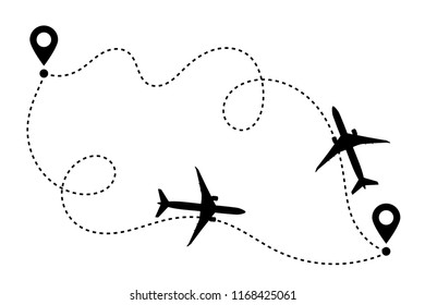 Airplane round-trip line path vector icon of air plane flight route with start point and destination. Aircraft clip art icon with route path track in black and white. Airplane simple vector.