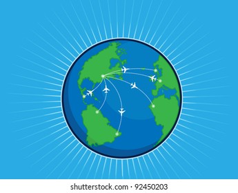 Airplane Route Around the World Globe