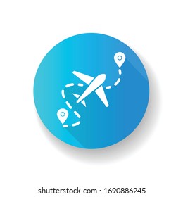 Airplane route blue flat design long shadow glyph icon. Plane destination with GPS pointer. Location for aeroplane arrival. Airline path with dotted line. Silhouette RGB color illustration