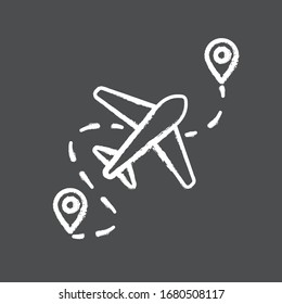 Airplane route chalk white icon on black background. Plane destination with GPS pointer. Way for trip with aircraft. Airline path with dotted line. Isolated vector chalkboard illustration