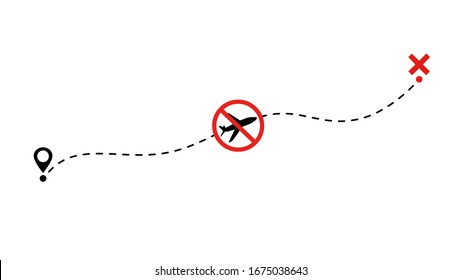 Airplane route, closed flight icon. Line path of air plane fly with stop sign flight route with start point and dash line trace. Vector illustration