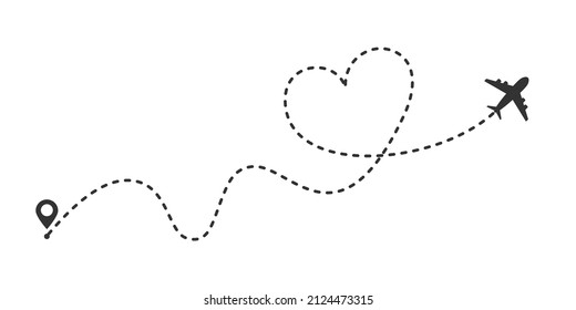 Airplane route dashed line path with heart. Love travel concept