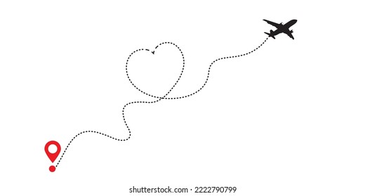 Airplane route dashed line path with heart. Love travel concept