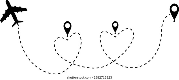 Airplane route dashed line path with heart. Love travel concept