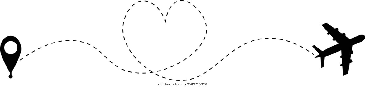 Airplane route dashed line path with heart. Love travel concept