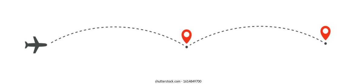 Airplane route to destination, isolated vector infographic element, two destinations, one transfer on the route.