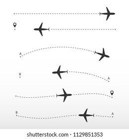 Airplane route, directions signs. Vector directions on white background. Way direction from point A to point B.