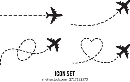 Ruta de avión con ruta de vuelo punteada. Símbolo de avión volador con trazo trenzado, curvado, recto y en forma de corazón. Png transparente y Ilustración vectorial.