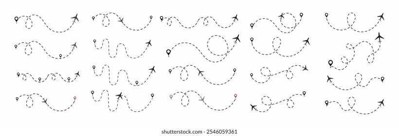 Airplane Route Dotted Line. Airplane line path route travel vector concept. Travel path icon set. Location for travel, dotted road  map with destinations. Vector illustration EPS 10