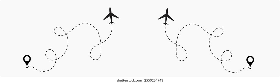 Airplane Route Dotted Line. Airplane line path icon. Vector illustration of air plane flight route with the point of location line trace isolated