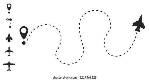 Airplane route in dotted line shape. A route from a line in the form of points. Travel concept vector illustration.