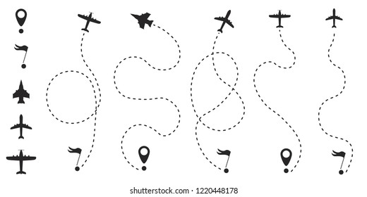 Airplane route in dotted line shape. A route from a line in the form of points. Travel concept vector illustration.