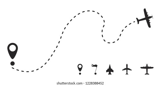 Airplane route in dotted line shape. A route from a line in the form of points. Travel concept vector illustration.