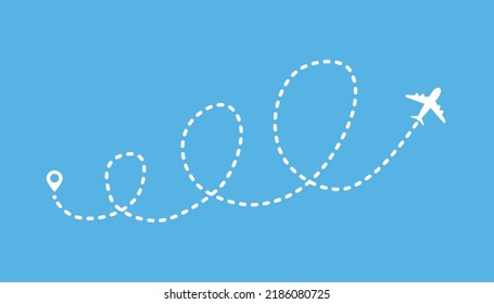Airplane route dotted line shape with loops. Abstract airplane flying on blue background. Travel concept vector illustration