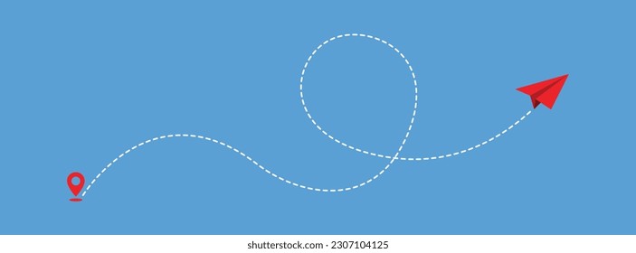 Flugstrecke in gepunkteter Linienform auf blauem Hintergrund. Reisekonzept, Papierflugbahn. Vektorgrafik-EPS10