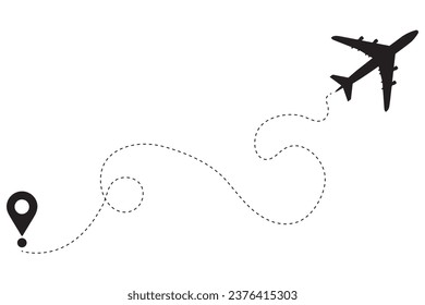 Airplane route in a dotted line shape. Airplane flight path. Airplane travel concept with map pins. Airplane route in a dotted line shape.